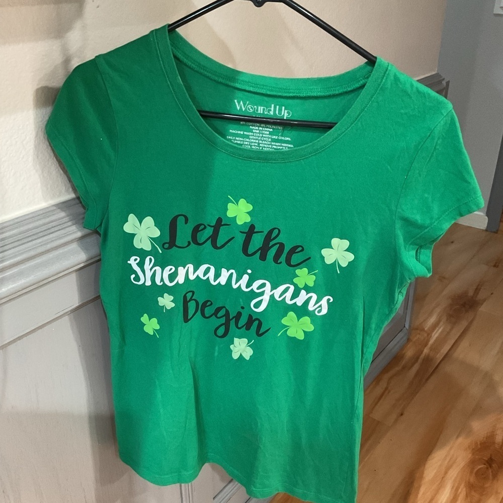 Wound Up Green Tee with Shamrock Motif